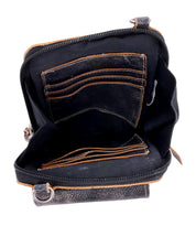 The Alelike by Bed|Stü is an open black leather wallet featuring visible card slots and a zippered pocket, shown empty—making it the perfect compact purse for organizing your travel essentials.