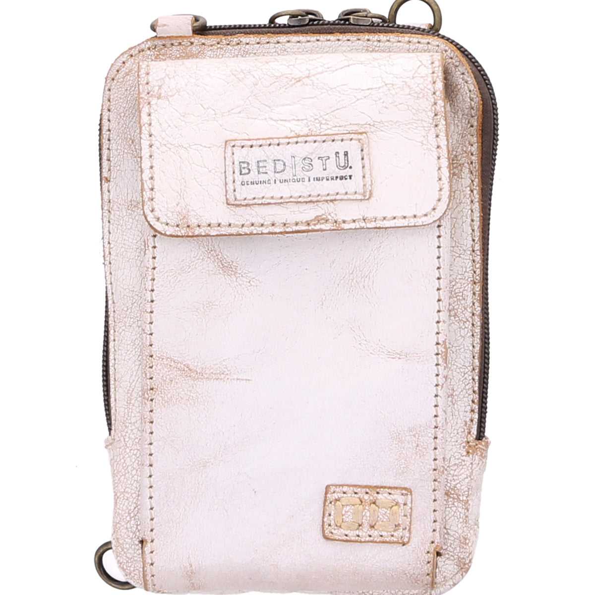A small, light-colored leather crossbody pouch from Bed|Stü, the Alelike features a front flap pocket, zipper closure, and a "BEDSTU" label on the front—perfect for carrying your travel essentials as a compact purse.