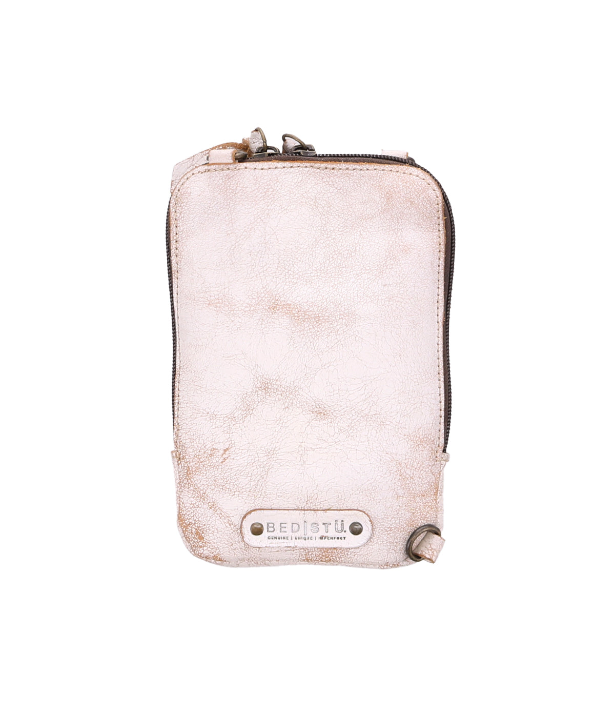 Small, rectangular, light beige leather Alelike zippered pouch by Bed|Stü with a visible logo patch and metal hardware on a white background—perfect for carrying your travel essentials as a compact purse.