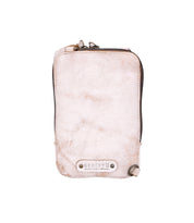 Small, rectangular, light beige leather Alelike zippered pouch by Bed|Stü with a visible logo patch and metal hardware on a white background—perfect for carrying your travel essentials as a compact purse.