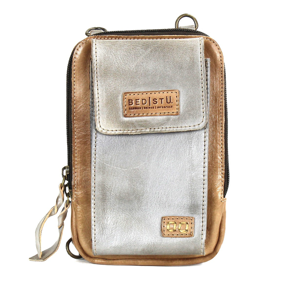 The Alelike by Bed|Stü is a small leather crossbody bag in metallic silver and brown, featuring a front flap pocket, zipper closure, and signature Bed|Stü brand patch—a compact purse ideal for carrying your travel essentials.