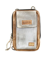The Alelike by Bed|Stü is a small leather crossbody bag in metallic silver and brown, featuring a front flap pocket, zipper closure, and signature Bed|Stü brand patch—a compact purse ideal for carrying your travel essentials.