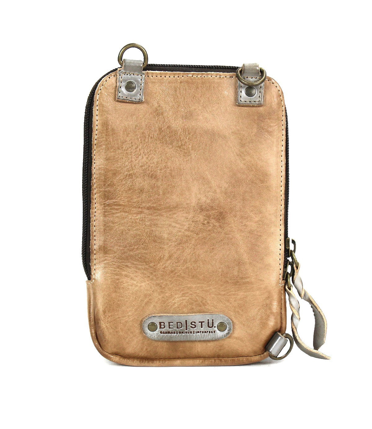 Compact and stylish, the Alelike small tan leather crossbody bag from Bed|Stü is perfect for carrying travel essentials. It features metal rings, a secure zipper closure, and a prominent "Bed|Stü" label on the front. With its detachable strap on the side, this purse is an ideal choice for your everyday adventures.