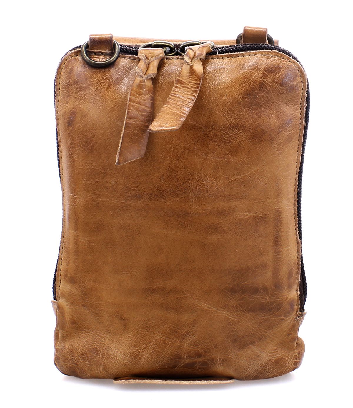 The Alelike by Bed|Stü is a small, rectangular brown leather crossbody bag featuring a zipper closure with leather pull tabs, perfect for carrying your travel essentials, shown against a white background.