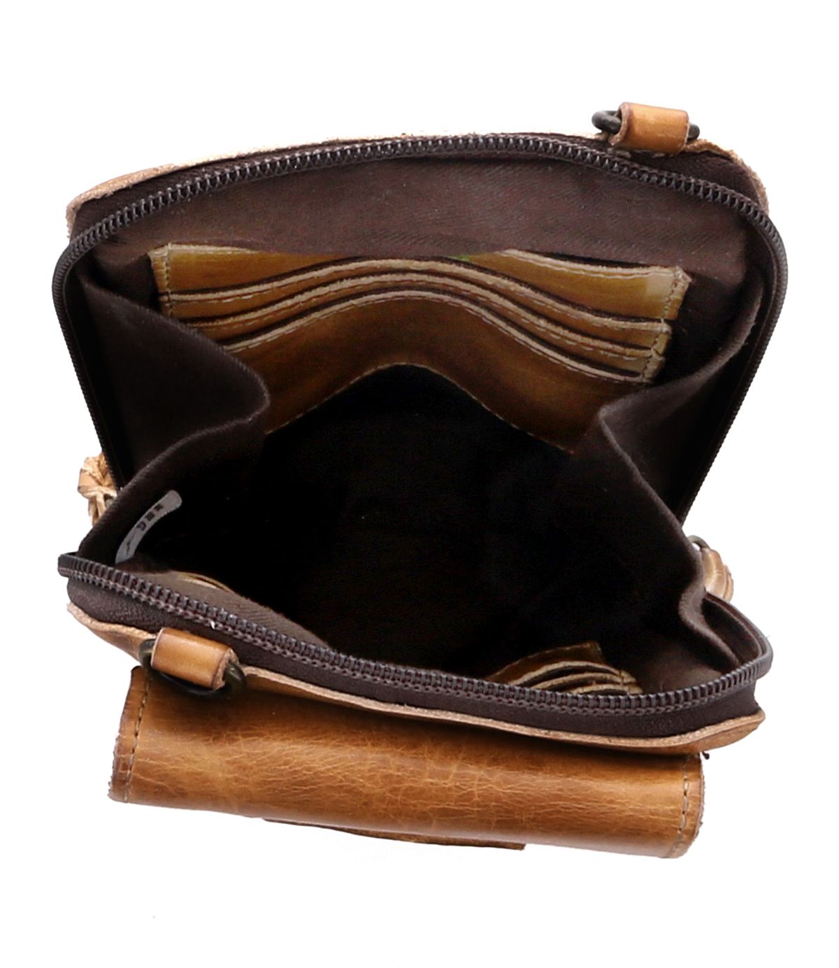 Open Alelike brown leather wallet by Bed|Stü, featuring visible card slots and compartments, shown from above with the zipper partially open—a perfect compact purse for keeping your travel essentials organized.