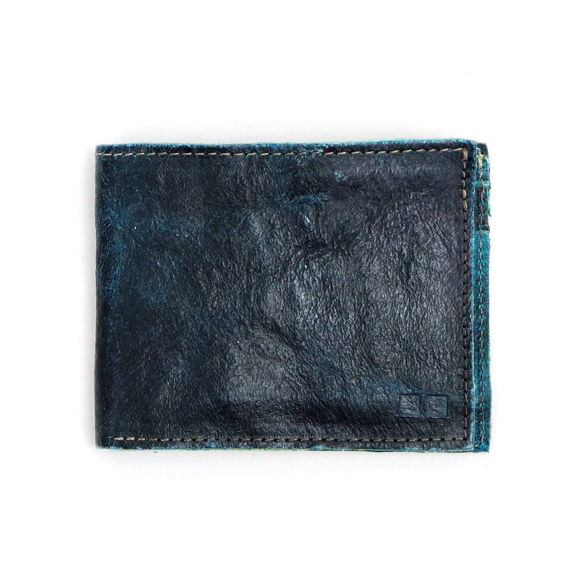 A closed, worn blue leather Amidala bifold wallet by Bed|Stü, featuring visible stitching and displayed on a white background.