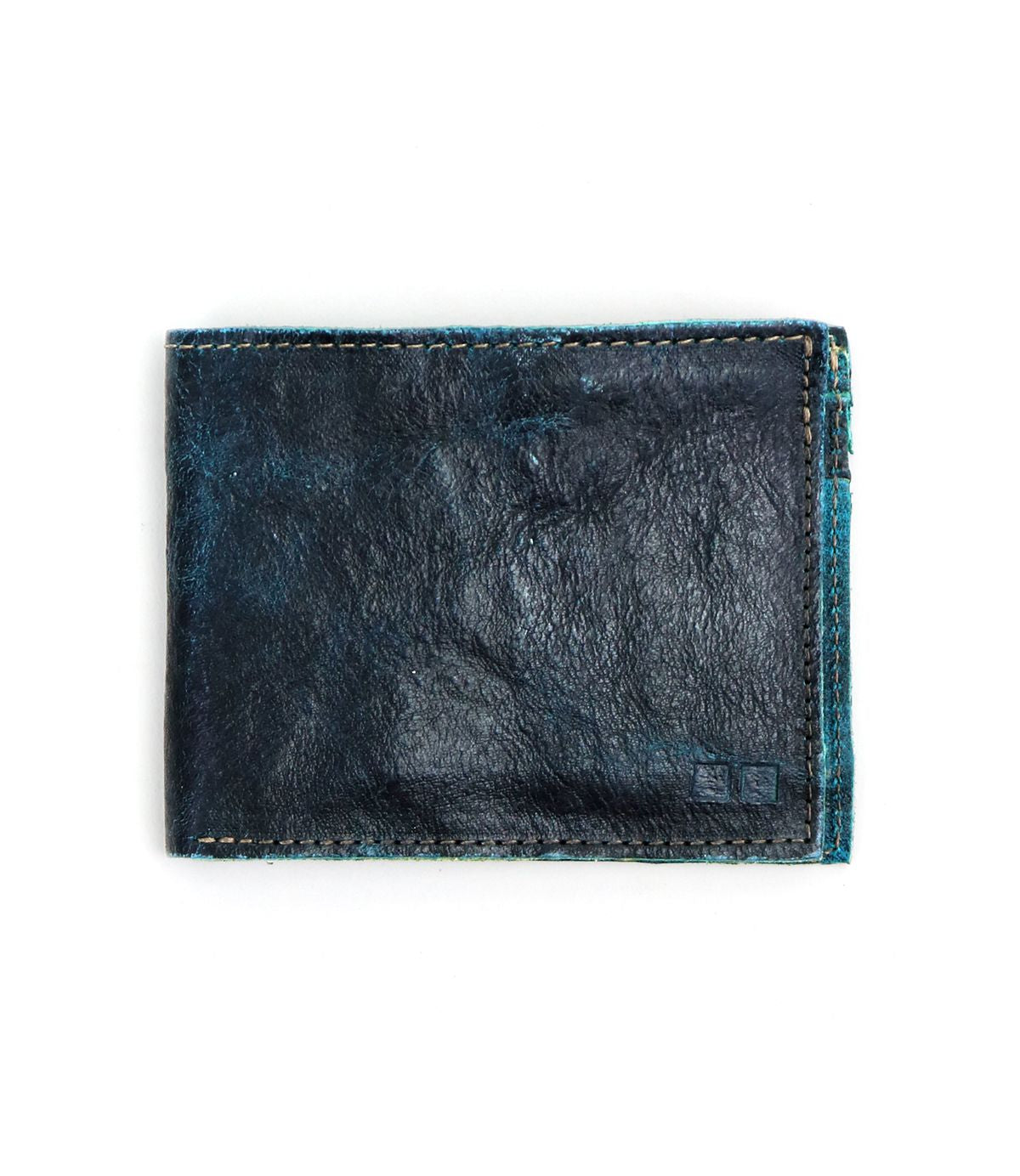 A closed, worn blue leather Amidala bifold wallet by Bed|Stü, featuring visible stitching and displayed on a white background.