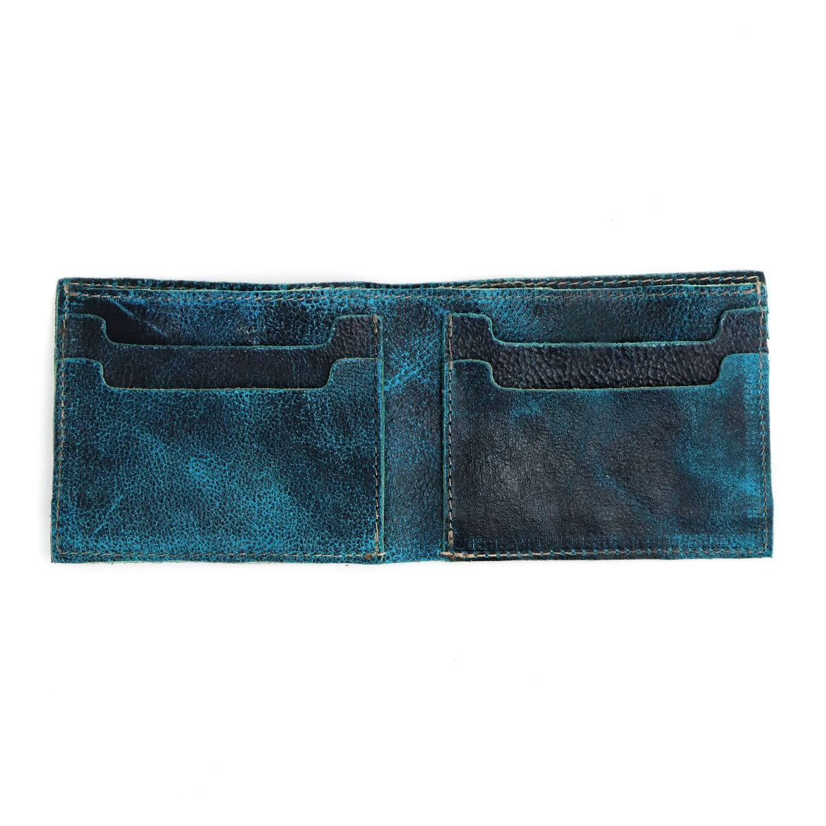 A blue bifold wallet from Bed|Stü's Amidala collection, featuring four card slots, is displayed open and empty against a white background.