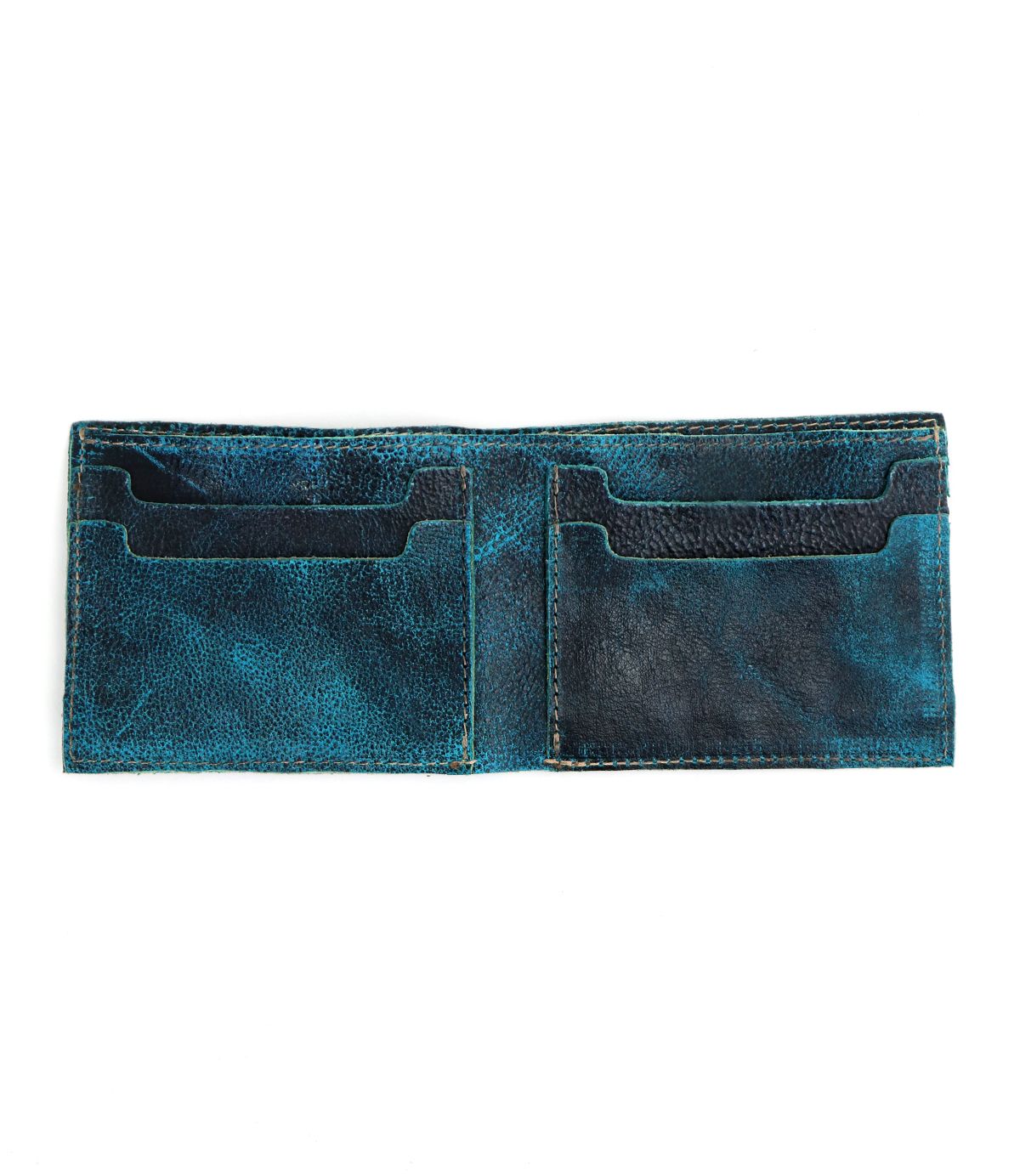 A blue bifold wallet from Bed|Stü's Amidala collection, featuring four card slots, is displayed open and empty against a white background.