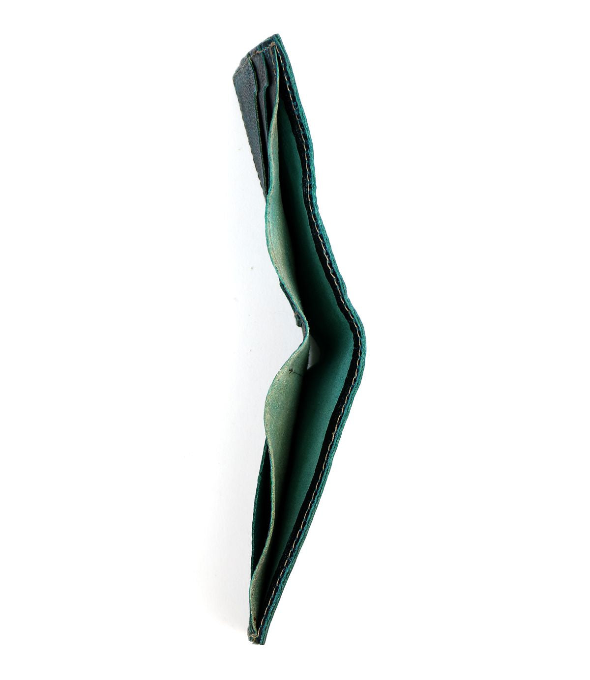 The Bed|Stü Amidala bifold wallet is displayed vertically from the side, its green exterior appearing empty against a white background.