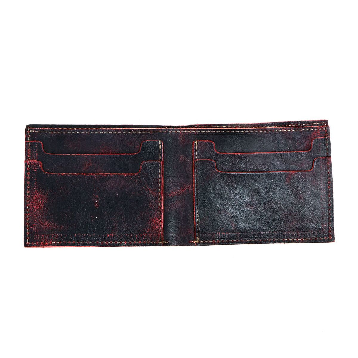 The Amidala by Bed|Stü is an open, empty black bifold leather wallet featuring red stitching and multiple card slots on both sides.