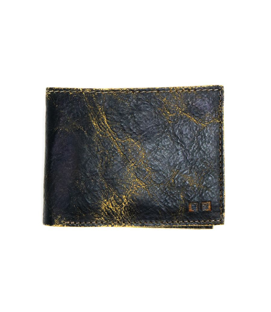 Introducing the Amidala by Bed|Stü—a closed black bifold wallet featuring a textured, worn surface with gold streaks, displayed against a white background.