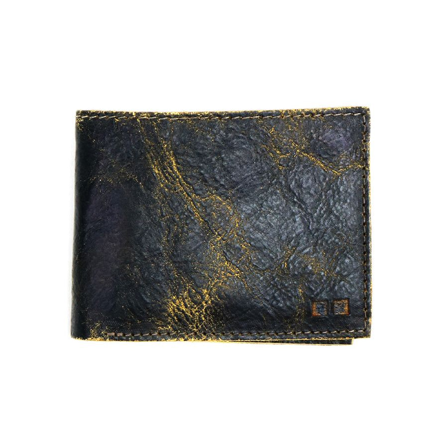 Introducing the Amidala by Bed|Stü—a closed black bifold wallet featuring a textured, worn surface with gold streaks, displayed against a white background.