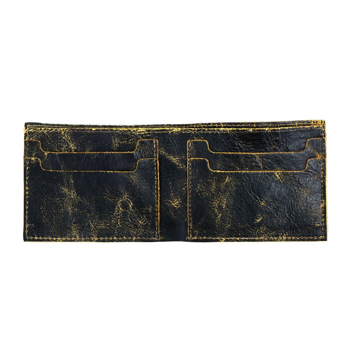 The Bed|Stü Amidala wallet, crafted from distressed black leather, is open to reveal four card slots and two spacious compartments inside—making it the perfect slim bifold wallet for everyday use.