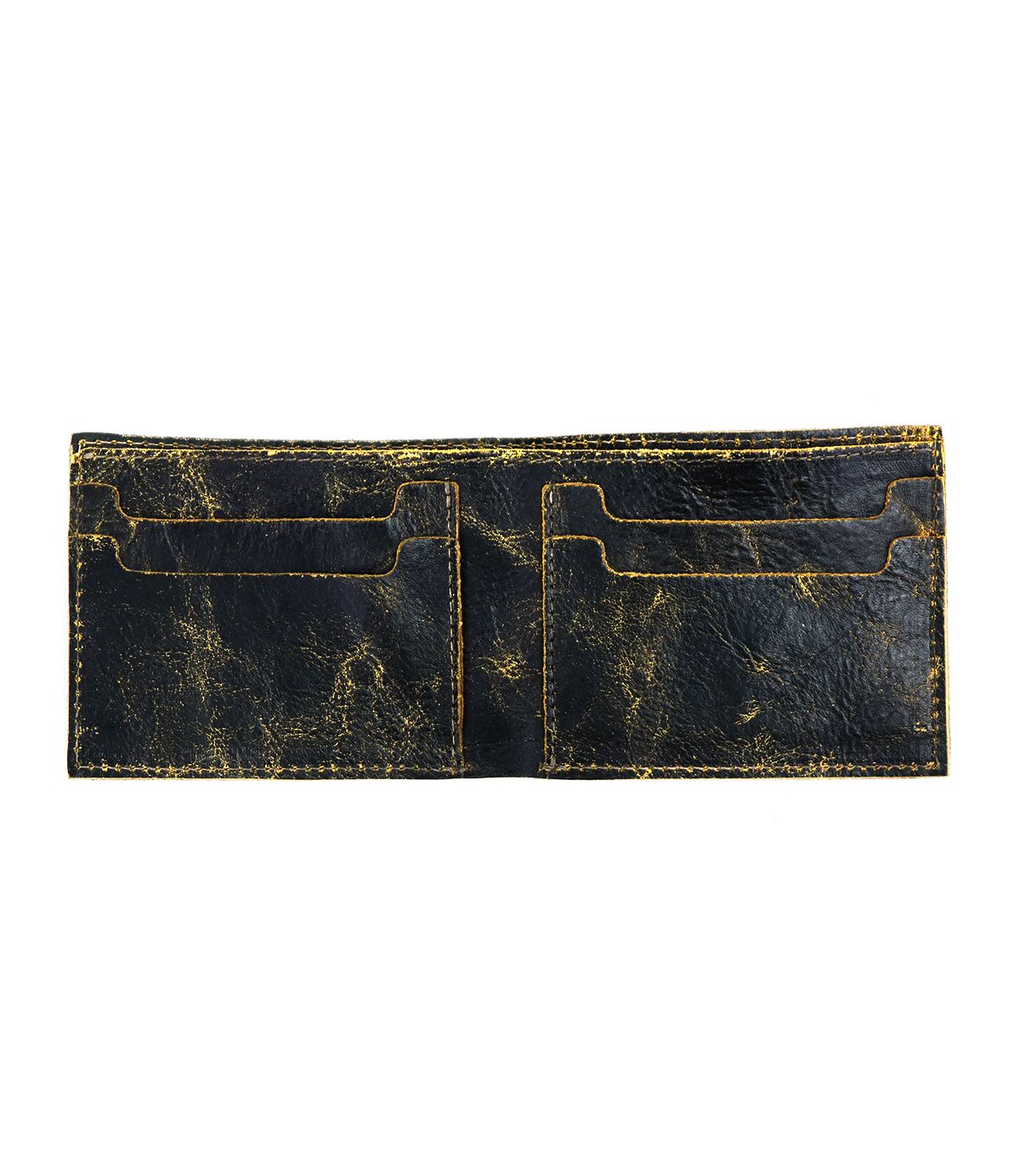 The Bed|Stü Amidala wallet, crafted from distressed black leather, is open to reveal four card slots and two spacious compartments inside—making it the perfect slim bifold wallet for everyday use.