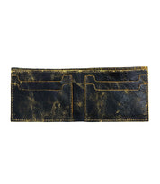 The Bed|Stü Amidala wallet, crafted from distressed black leather, is open to reveal four card slots and two spacious compartments inside—making it the perfect slim bifold wallet for everyday use.