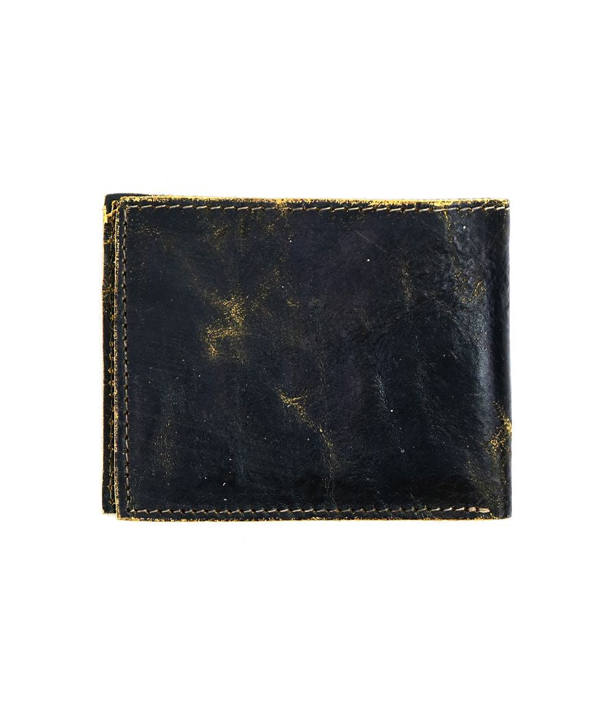 The Bed|Stü Amidala is a black leather bifold wallet featuring visible yellowish scuffs and stitching, shown closed against a white background.