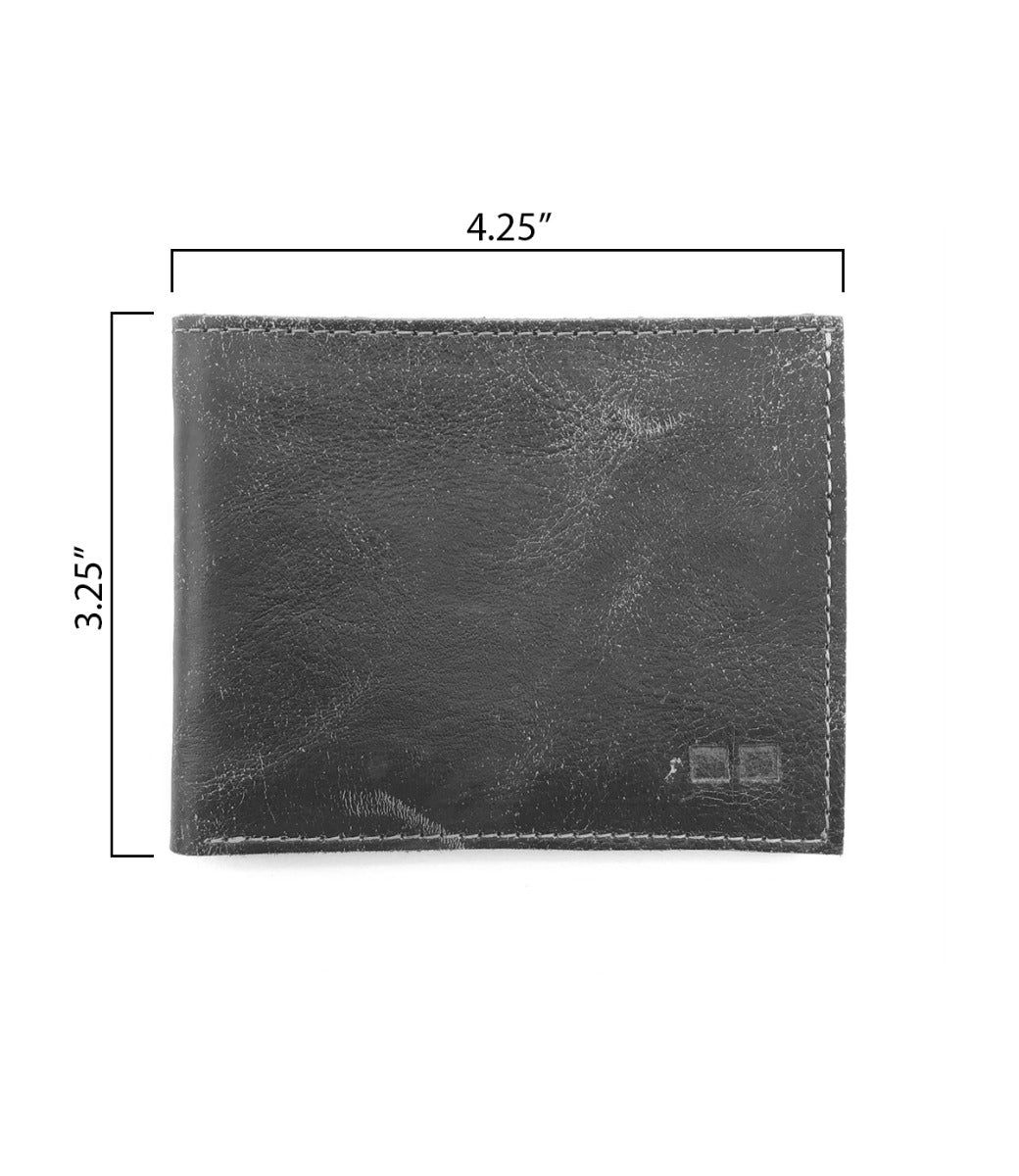 Amidala leather bifold wallet by Bed|Stü, measuring 4.25 inches wide by 3.25 inches tall, displayed against a white background with measurement labels.