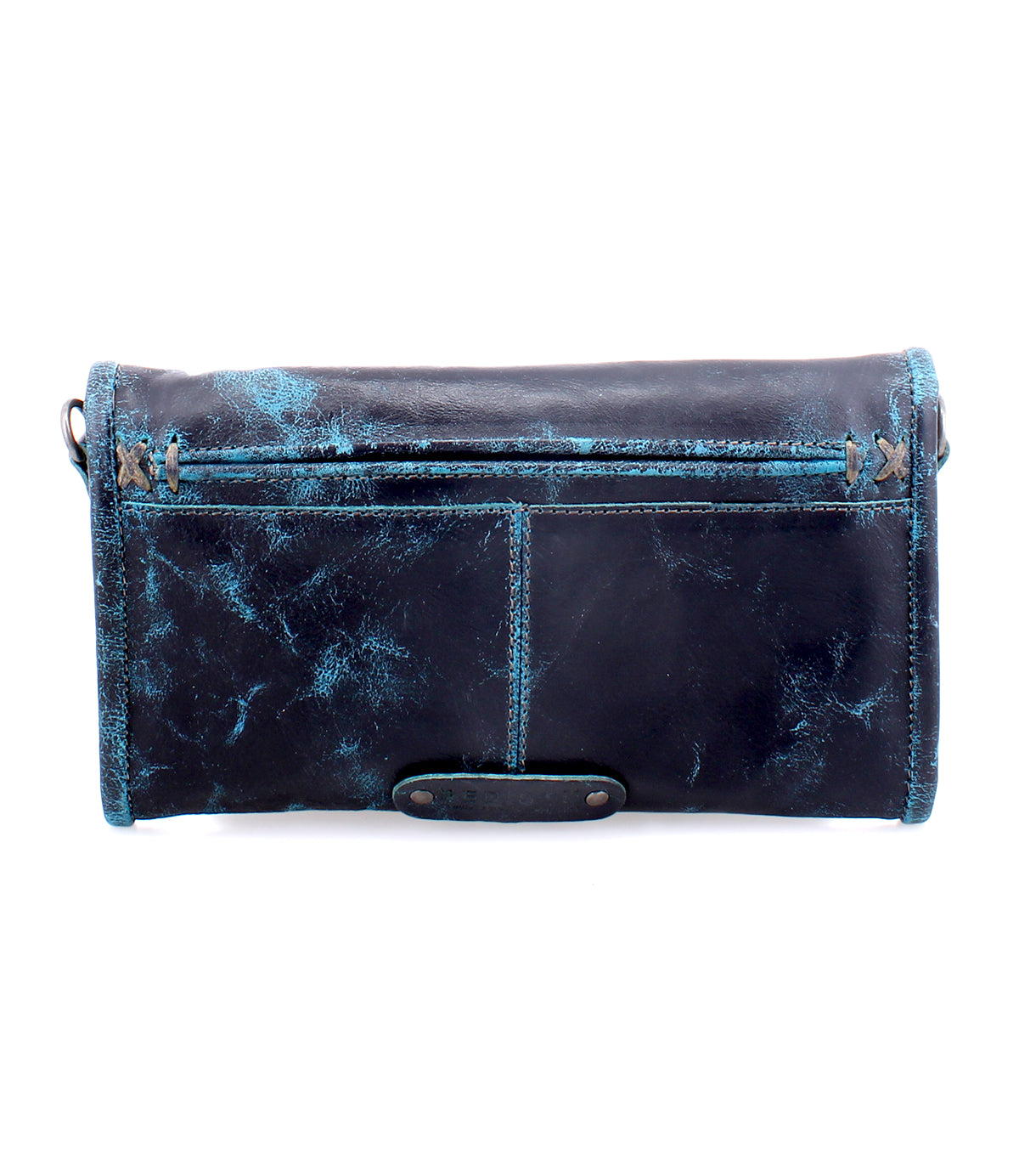 Introducing the Bed|Stü Amina—a rectangular leather wallet showcasing a distressed black and blue finish, front zipper, and detailed stitching. This versatile accessory effortlessly transforms from wallet to clutch, making it ideal for everyday use or special occasions.