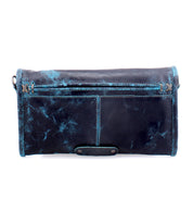 Introducing the Bed|Stü Amina—a rectangular leather wallet showcasing a distressed black and blue finish, front zipper, and detailed stitching. This versatile accessory effortlessly transforms from wallet to clutch, making it ideal for everyday use or special occasions.