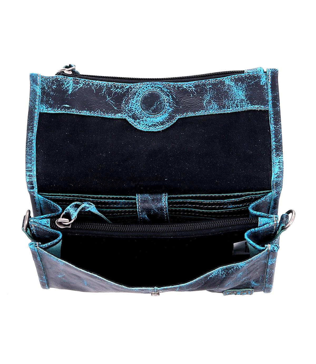 The Bed|Stü Amina wallet in blue and black is shown open from above, revealing multiple compartments and a zippered pocket—an ideal choice for a versatile clutch or crossbody accessory.
