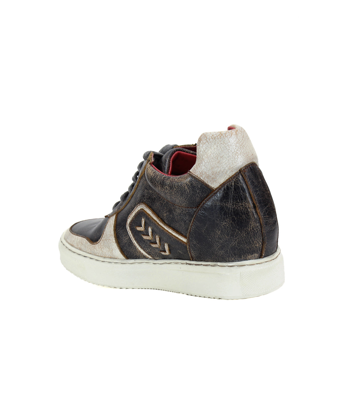 A single Bed|Stü Andromeda high-top sneaker featuring a dark brown and white leather upper, white rubber sole, and red lining, shown from an angle highlighting the outer side and back.