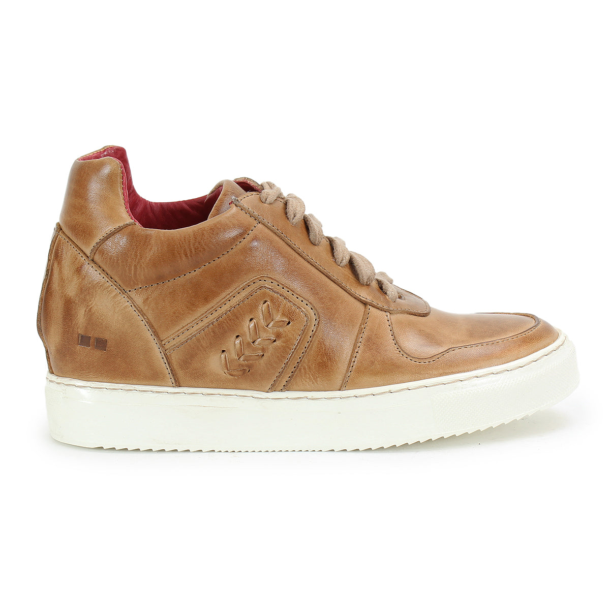 The Andromeda by Bed|Stü is a light brown leather sneaker featuring a white sole, decorative side accents, and tan laces. Designed for city style, this full-profile left-facing shoe showcases a vibrant red interior lining for an added pop of color.