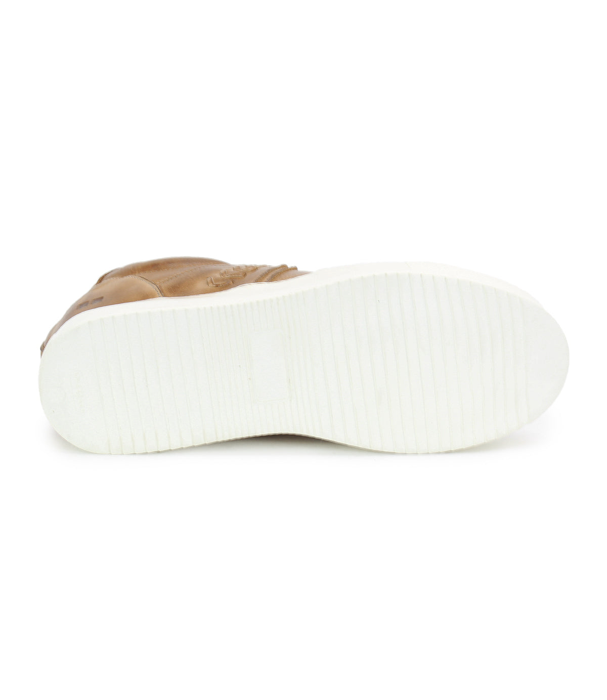 The Bed|Stü Andromeda is a brown high-top sneaker shown from the bottom, featuring a plain white sole with light ridges for traction.