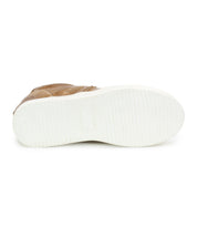 The Bed|Stü Andromeda is a brown high-top sneaker shown from the bottom, featuring a plain white sole with light ridges for traction.