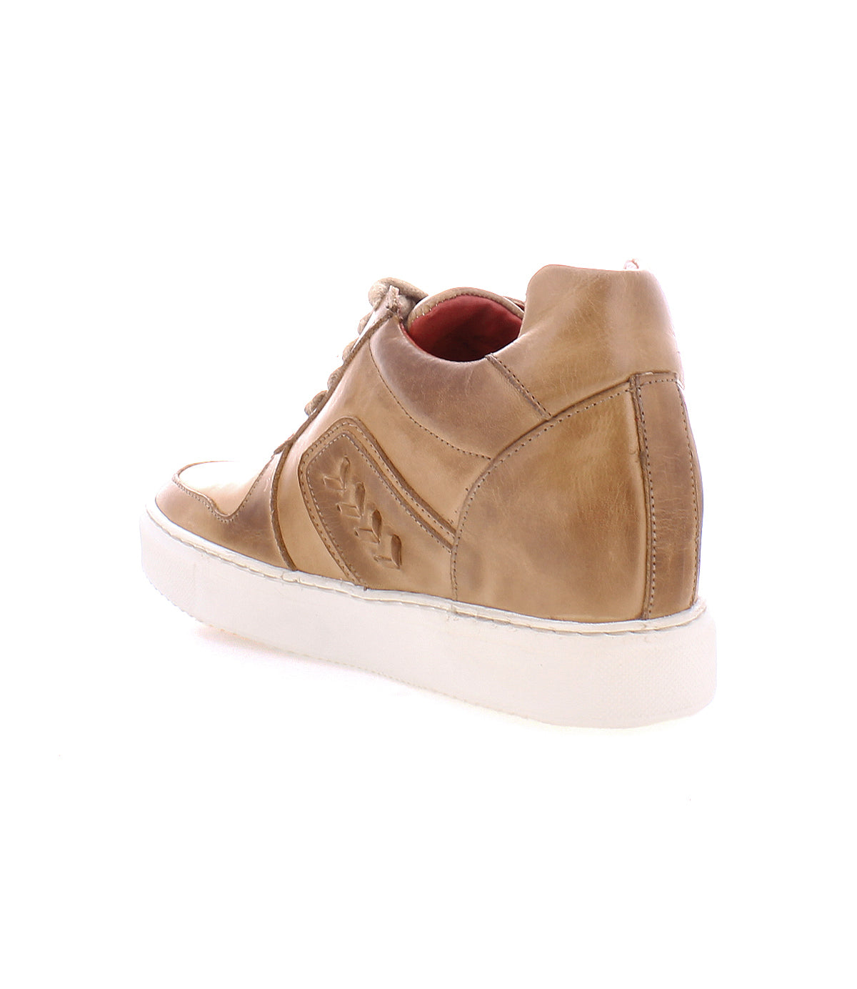 Bed|Stü Andromeda brown leather sneaker with a white sole, displayed from back and side angles on a white background.