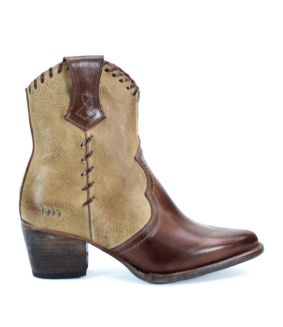 The Bed|Stü Baila II is a brown and tan leather cowboy boot featuring artisanal construction, decorative stitching, a low heel, and a pointed toe, displayed in profile against a white background.