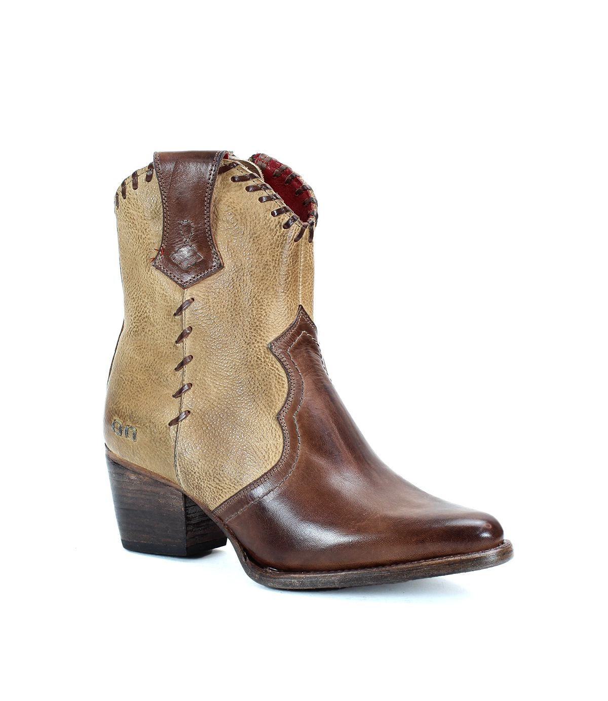 The Bed|Stü Baila II is a brown and tan leather cowboy boot featuring decorative stitching, artisanal construction, a medium heel, and a pointed toe, shown against a plain white background.