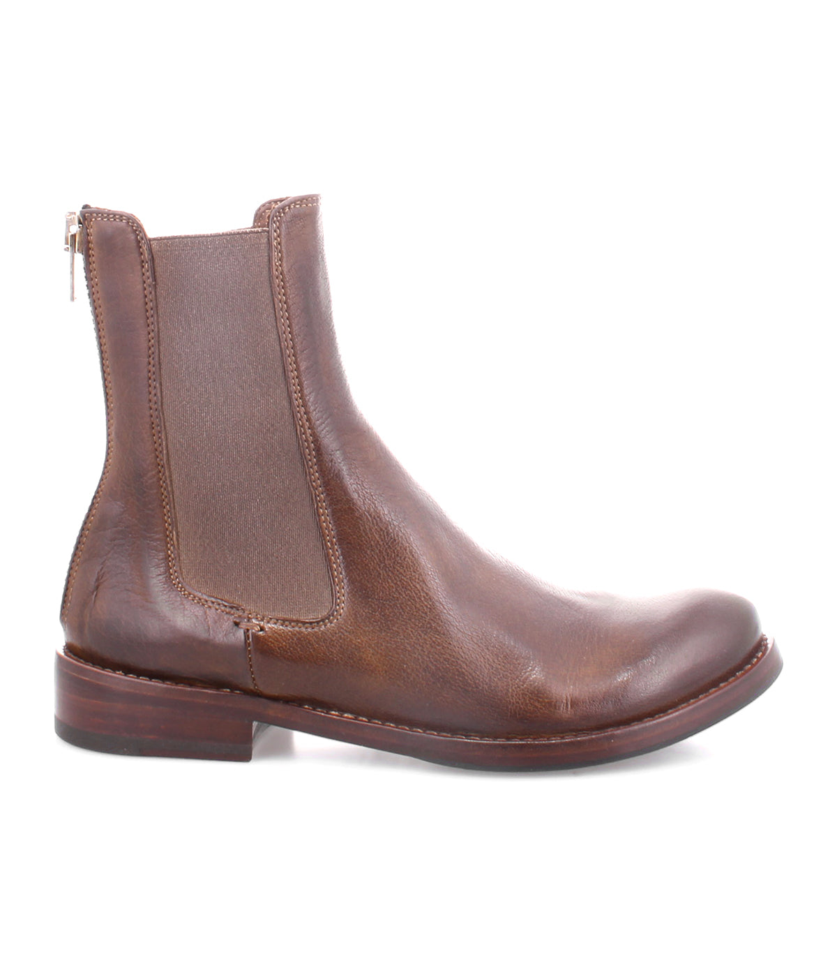 Barfly by Bed|Stü: A brown Italian leather ankle boot featuring side elastic panels and a low wooden heel, styled in the classic Chelsea boots silhouette and shown in a side view against a white background.