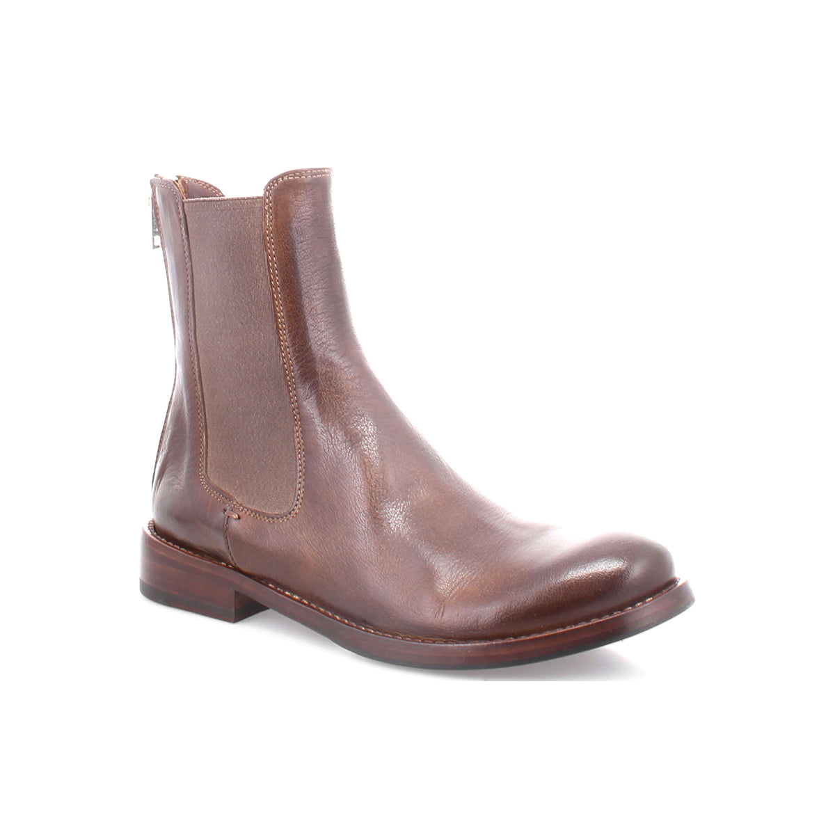 The Barfly Chelsea boot by Bed|Stü is crafted from brown Italian leather, featuring elastic side panels and a low heel, shown on a white background.