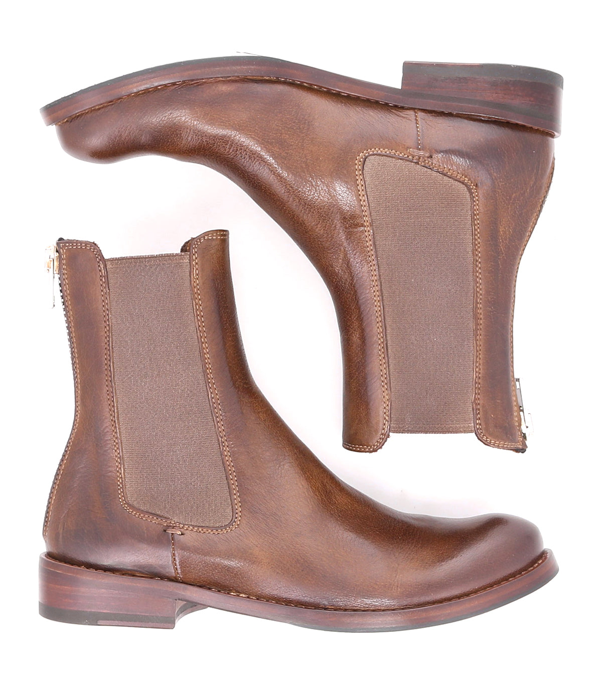 Barfly by Bed|Stü—brown Italian leather Chelsea boots featuring elastic side panels and a sleek back-zip, displayed from the side and top view against a white background.