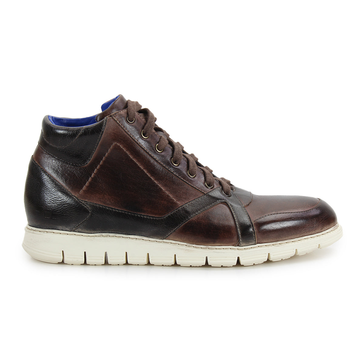 The Bed|Stü Barton high-top sneaker features a dark brown two-tone leather upper, lightweight white sole, brown laces, and blue interior lining, shown from the side.