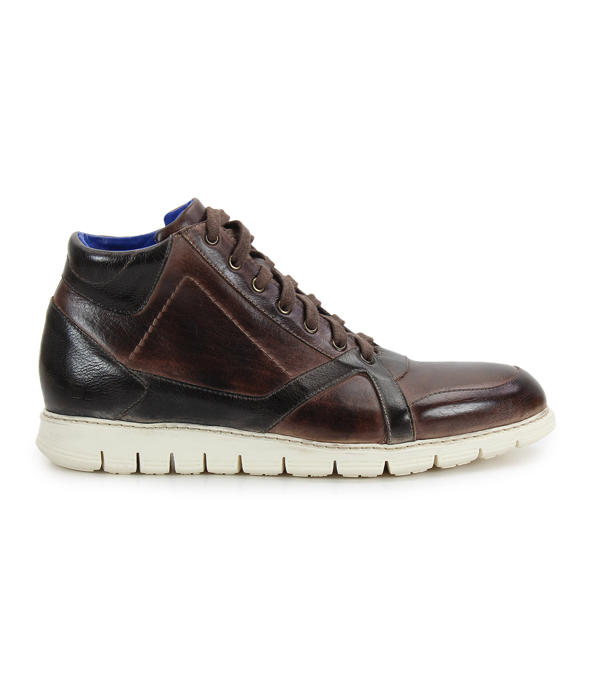 The Bed|Stü Barton high-top sneaker features a dark brown two-tone leather upper, lightweight white sole, brown laces, and blue interior lining, shown from the side.