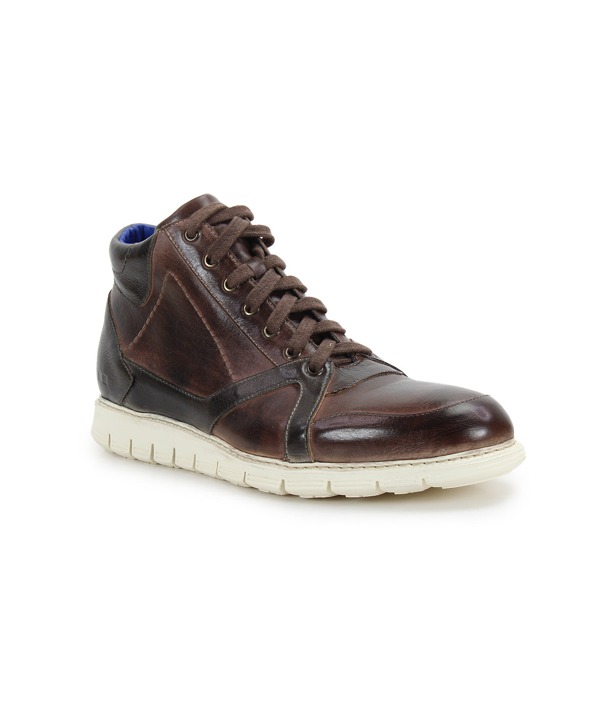 The Barton by Bed|Stü is a brown leather high-top sneaker with a two-tone leather design, featuring dark brown laces and a lightweight white sole, displayed on a white background.