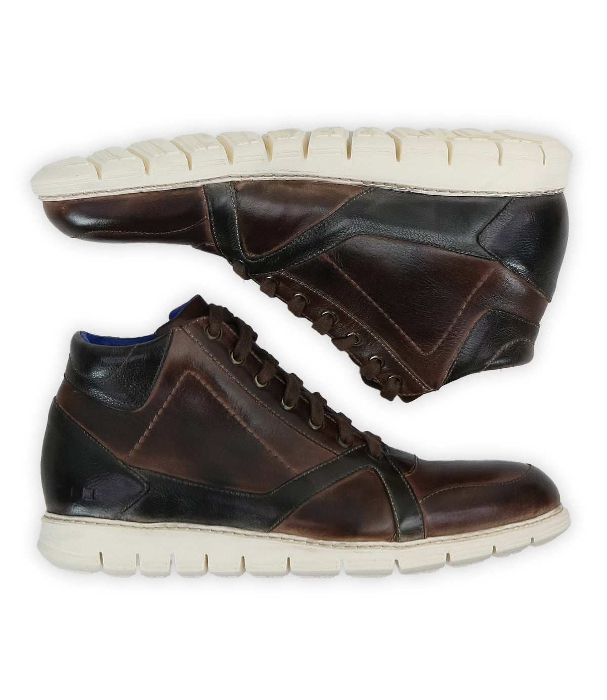 A pair of Bed|Stü Barton brown two-tone leather high-top sneakers with white textured, lightweight soles, displayed side by side with one shoe’s sole visible.