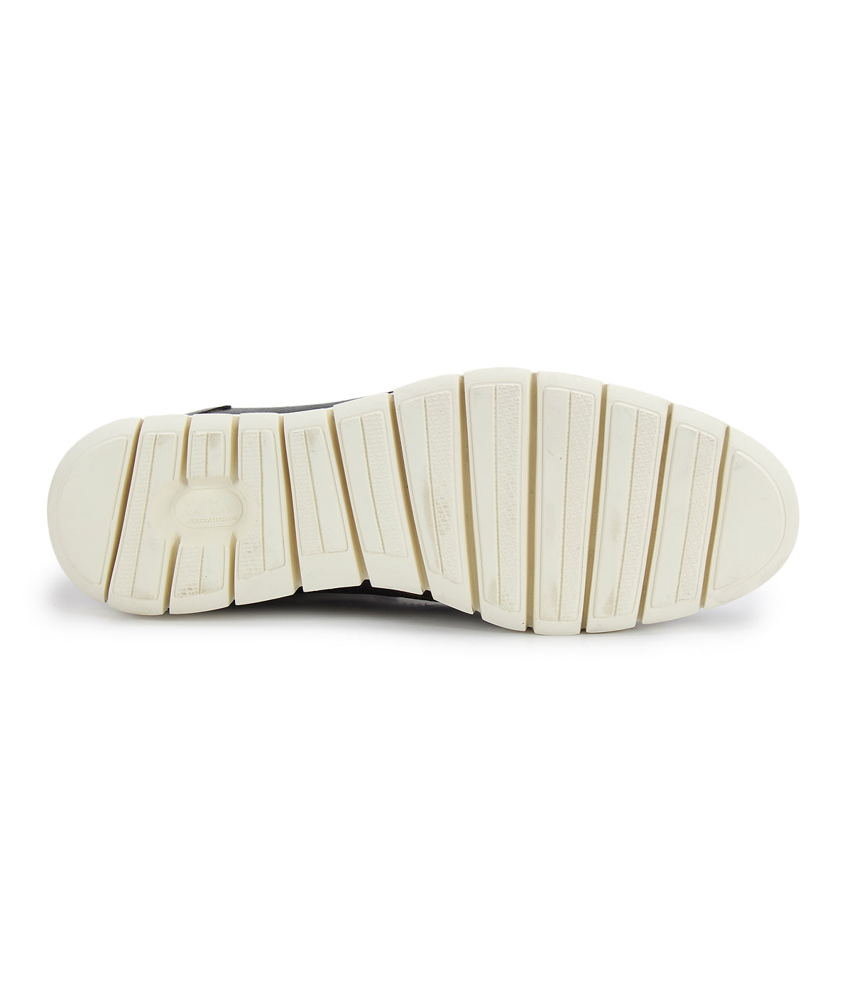 The image displays the white, textured rubber sole of the Bed|Stü Barton high-top sneaker viewed from the bottom, featuring several parallel grooves for traction.