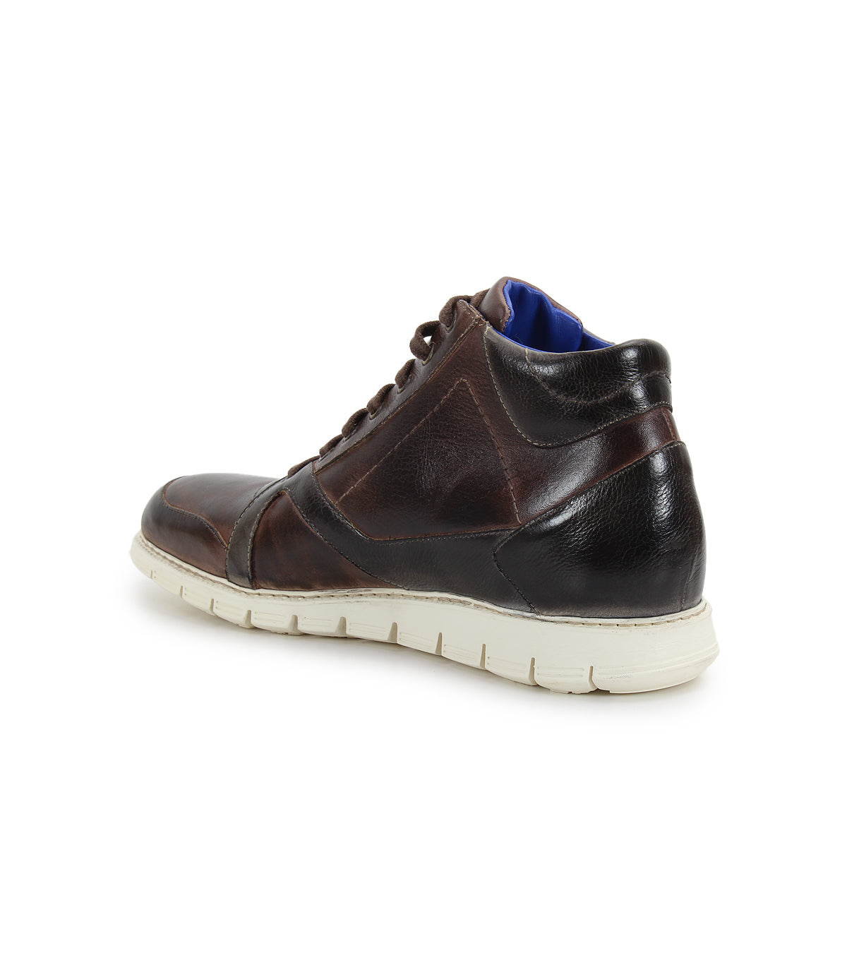 The Barton sneaker by Bed|Stü is a brown two-tone leather shoe featuring laces, a blue inner lining, and a white lightweight sole, shown from the back and side.