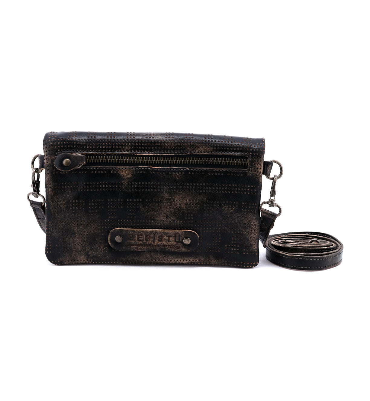 The Bed|Stü Bayshore is a small, distressed black leather crossbody bag featuring a front zipper pocket, metal hardware, and an adjustable strap coiled beside it—perfect for keeping your essentials organized as a travel wallet on the go.