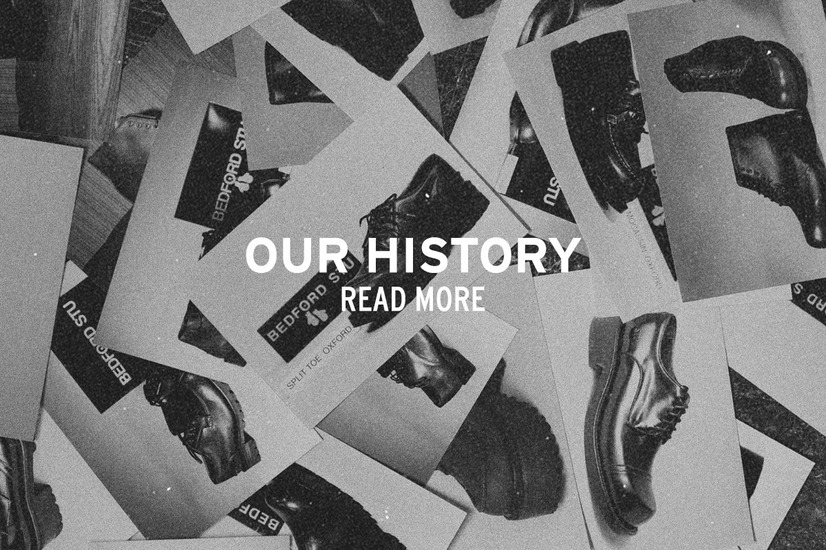 Black-and-white banner showing scattered footwear catalog images, with the text “Our History” and “Read More.”