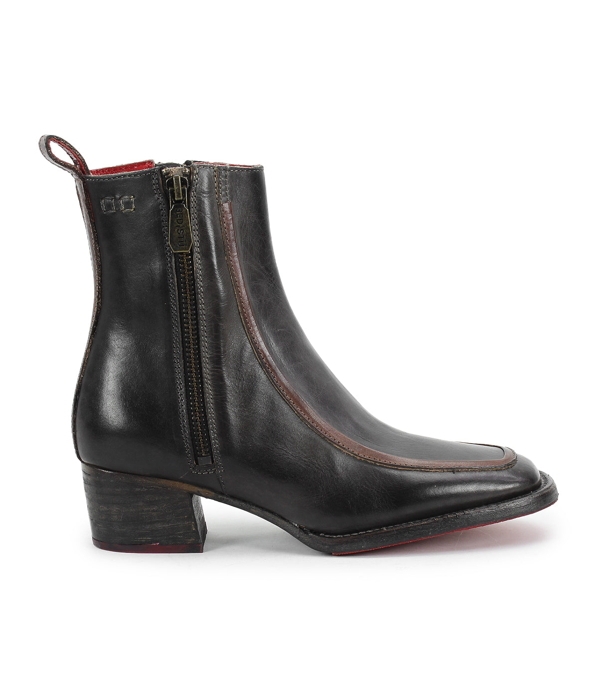 The Bitsy ankle boot by Bed|Stü features black leather, a square toe, side zipper, low stacked heel, and red interior lining, displayed in a side profile against a white background.
