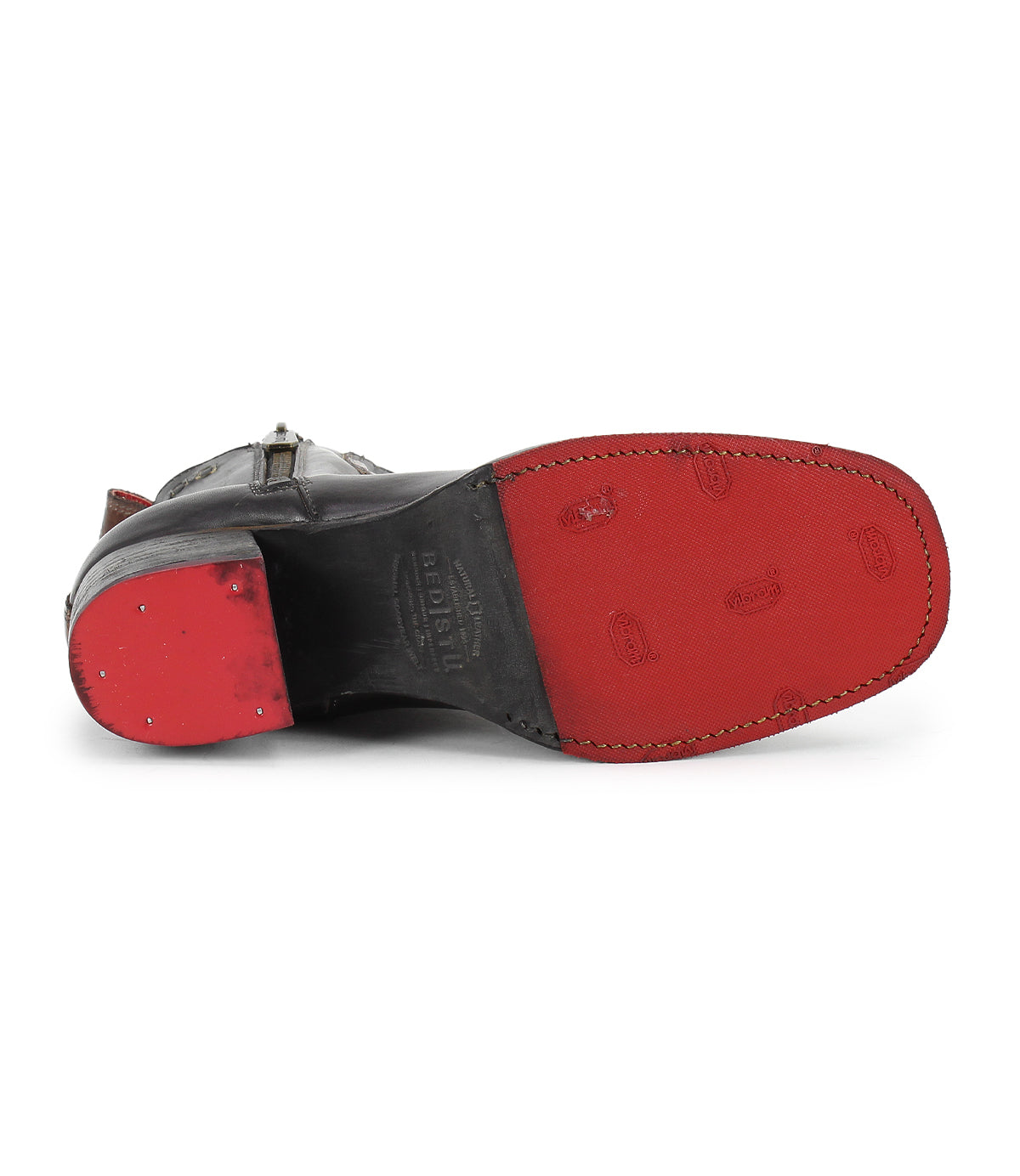 Bottom view of the Bitsy black leather boots by Bed|Stü, featuring a stacked heel, red sole, visible stitching, and textured details.