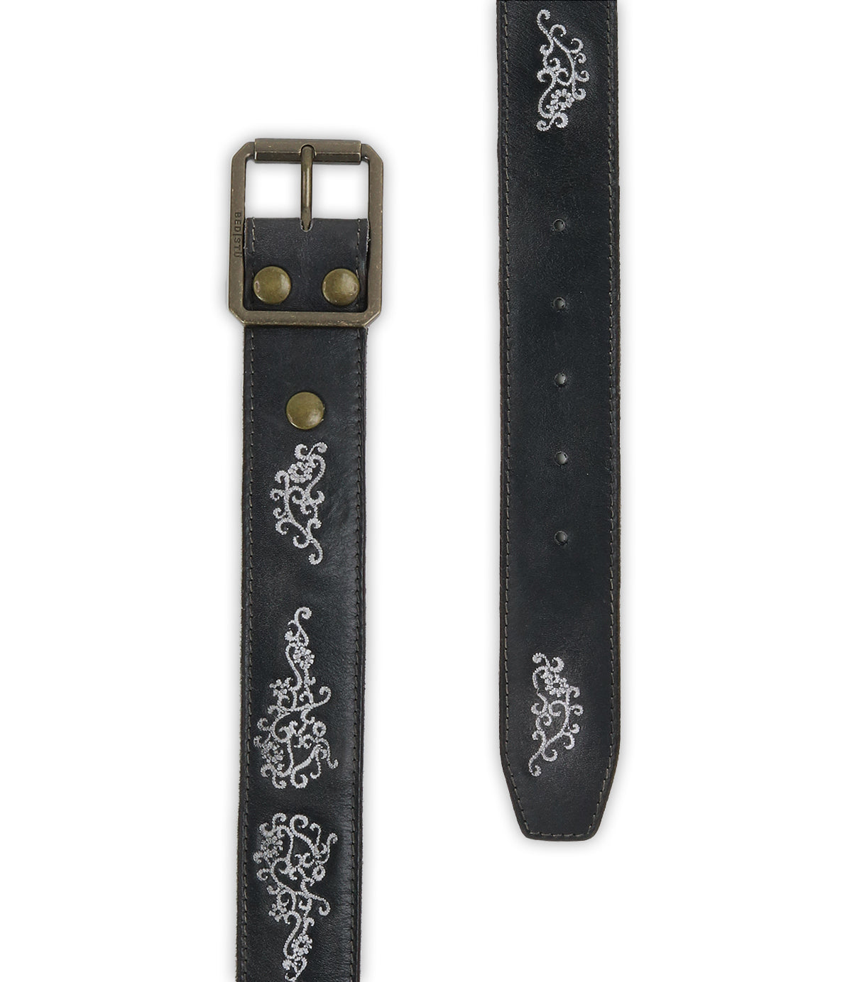Blaze JB by Bed|Stü is a black full-grain leather belt featuring an antique-finished brass buckle and silver embroidered scrollwork along the strap, with adjustable holes for a customized fit.