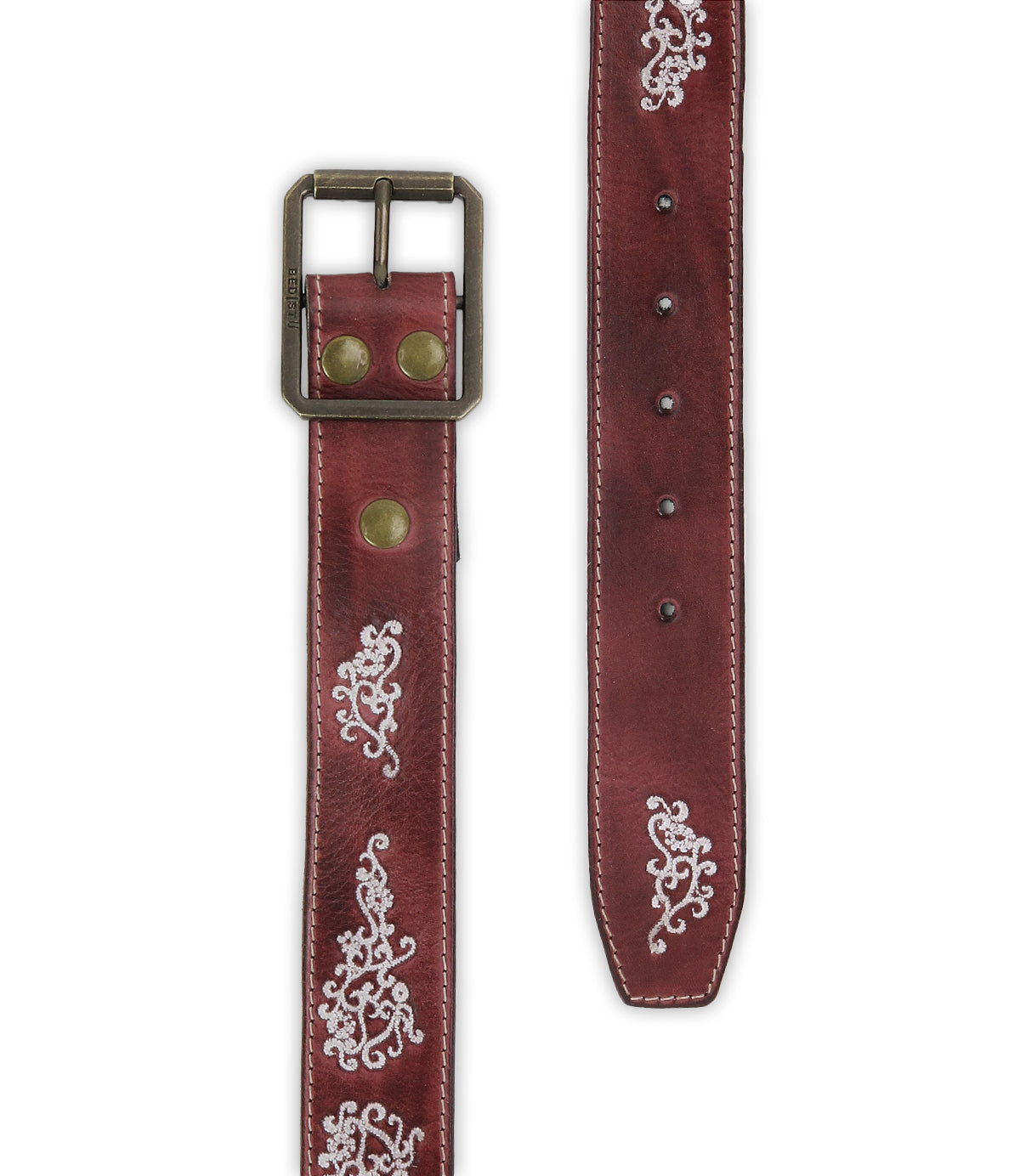 The Blaze JB by Bed|Stü is a brown full-grain leather belt featuring a square antique-finished buckle and white decorative stitching along its length.
