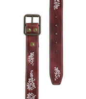The Blaze JB by Bed|Stü is a brown full-grain leather belt featuring a square antique-finished buckle and white decorative stitching along its length.