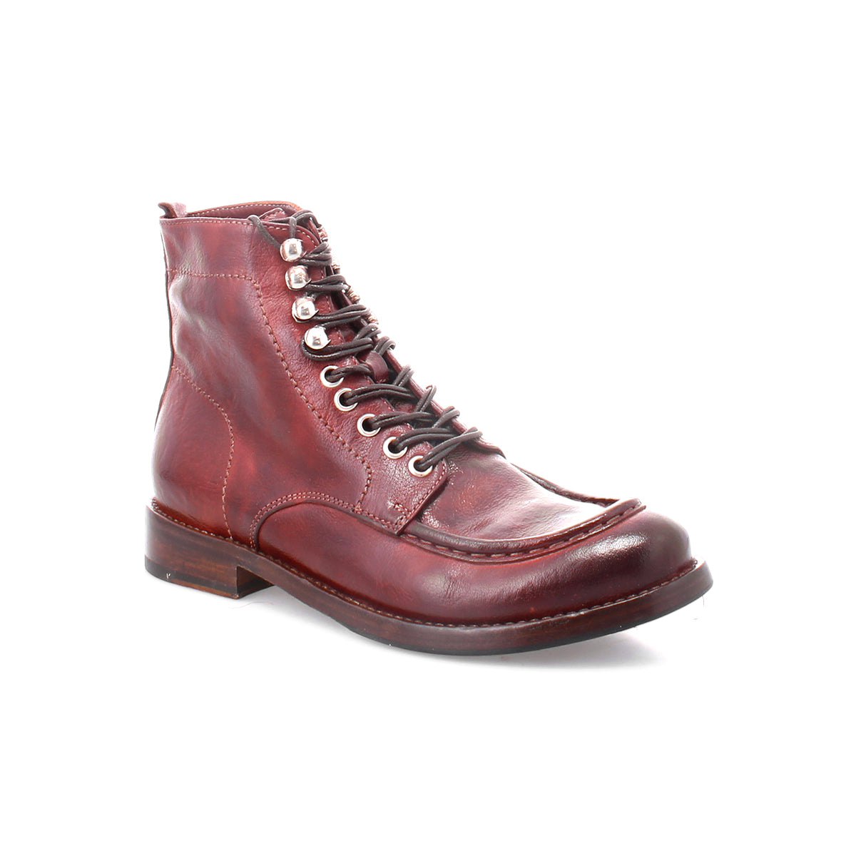 Presenting the Blimey boot by Bed|Stü: a handcrafted, single dark red full-grain leather lace-up boot featuring metal eyelets, visible stitching, and a low wooden heel, made in Italy and displayed against a plain white background.