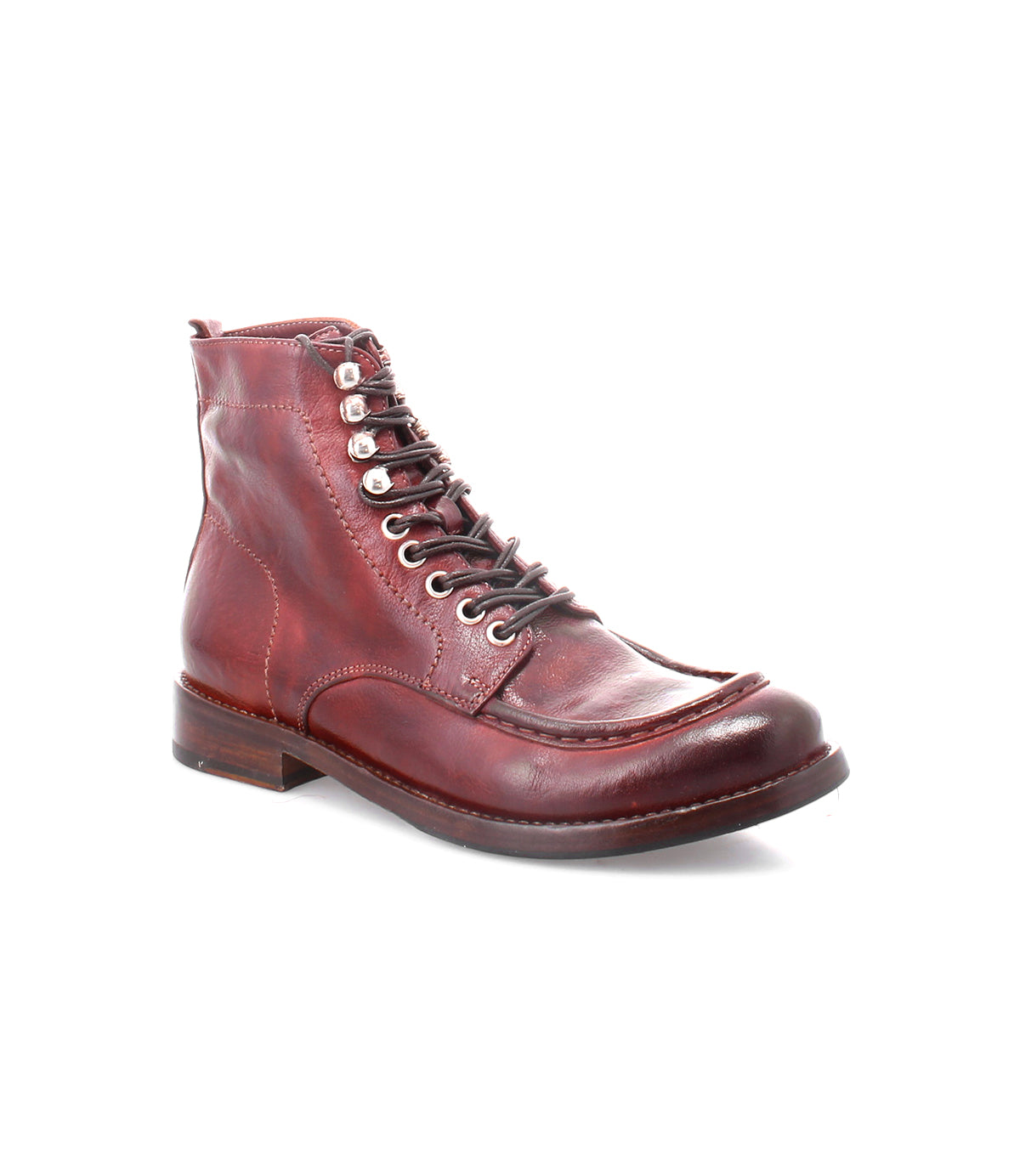 Presenting the Blimey boot by Bed|Stü: a handcrafted, single dark red full-grain leather lace-up boot featuring metal eyelets, visible stitching, and a low wooden heel, made in Italy and displayed against a plain white background.